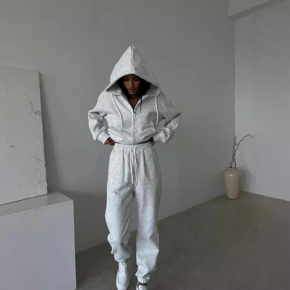 Damen Fleece-Jogginganzug mit Kapuze und Reißverschluss