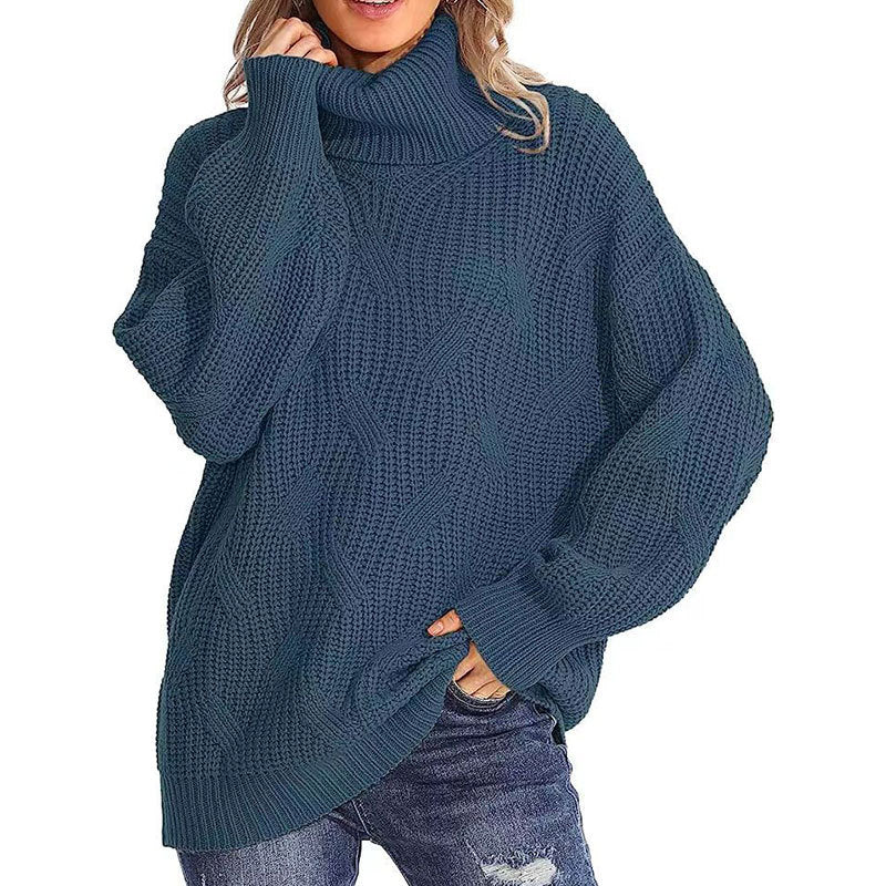 Damen Strickpullover Hochkragen Strukturmaschen Optik