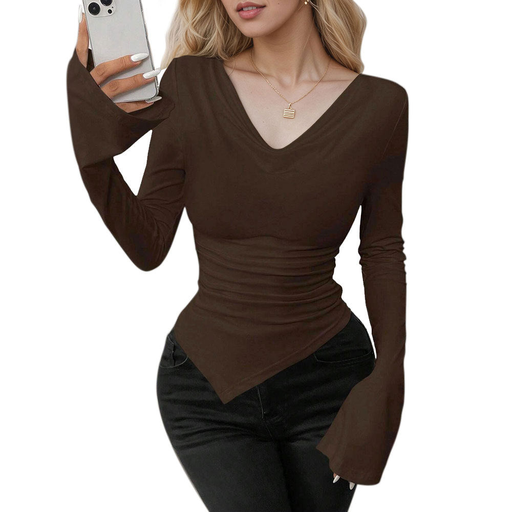 Damen Langarmshirt V-Ausschnitt Rüschen Eleganz
