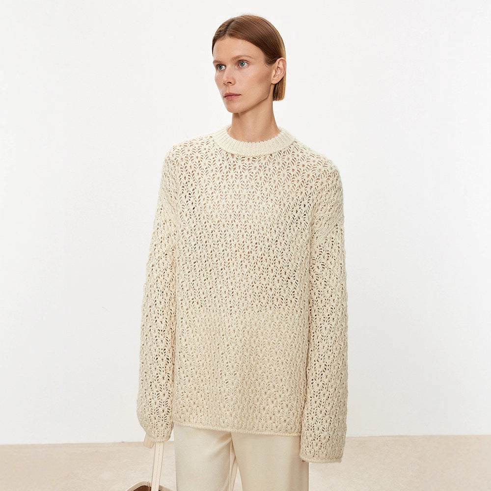 Damen Strickpullover Luftiger Look Offene Struktur Beige