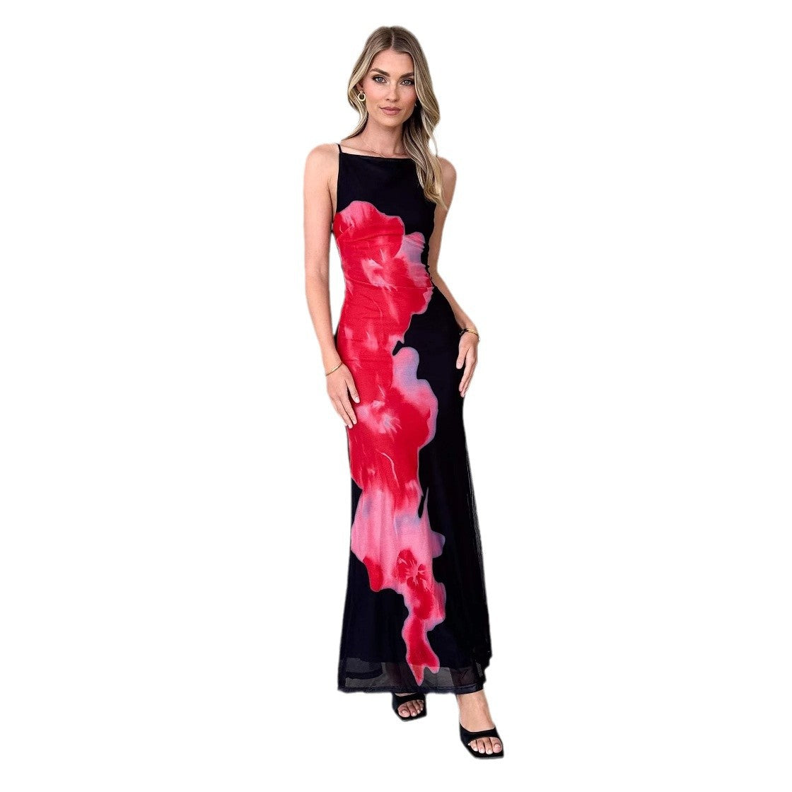 Damen Maxikleid Floralmuster Schmale Träger Elegantes Design