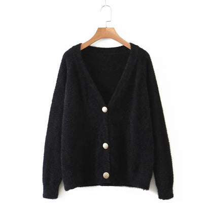 Damen Oversize Strickjacke Große Knöpfe Kuschelig Beige