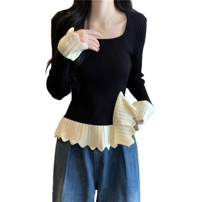 Damen Rippstrickpullover Asymmetrischer Saum Eveloria