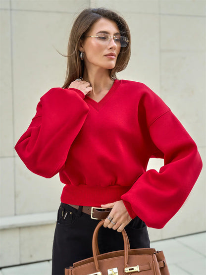 Damen Oversized-Sweater V-Ausschnitt Weite Ärmel Eveloria