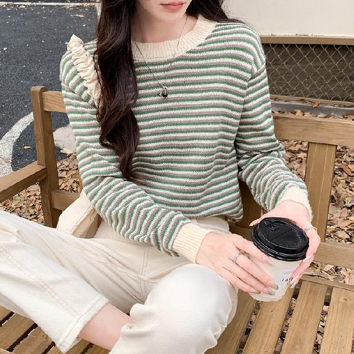 Damen Pullover Gestreift Rüschenbesatz