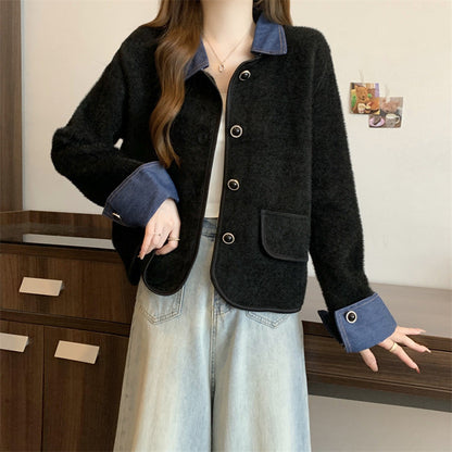 Damen Strickjacke mit Denim Ärmeln und Kontrastfarbe Eveloria
