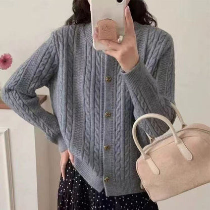 Damen Strickjacke Zopfmuster Dekorative Knöpfe Eveloria