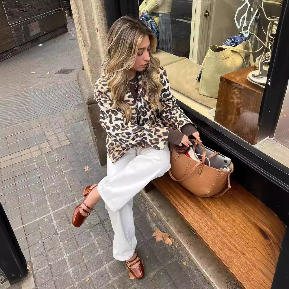 Damen Leopardenjacke Kurz Urban Stil mit Taschen