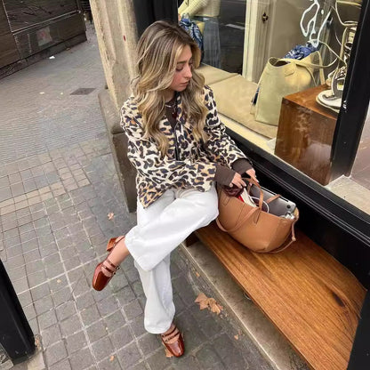 Damen Leopardenjacke Kurz Urban Stil mit Taschen