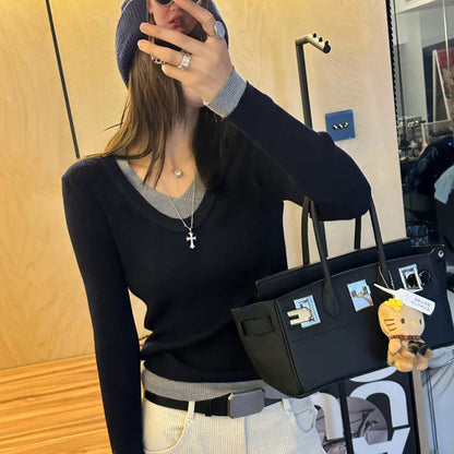 Damen Feinstrickpullover V-Ausschnitt Kontrastbündchen