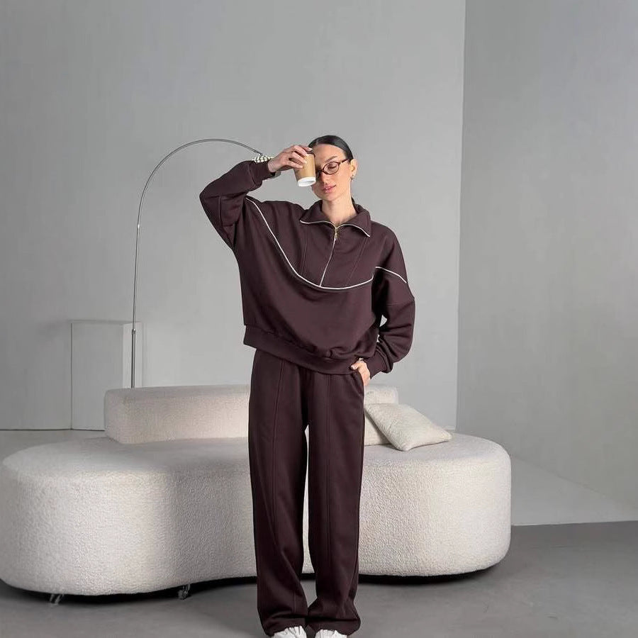 Damen Sport-Anzug-Set Sweat Halb-Reißverschluss Lässig