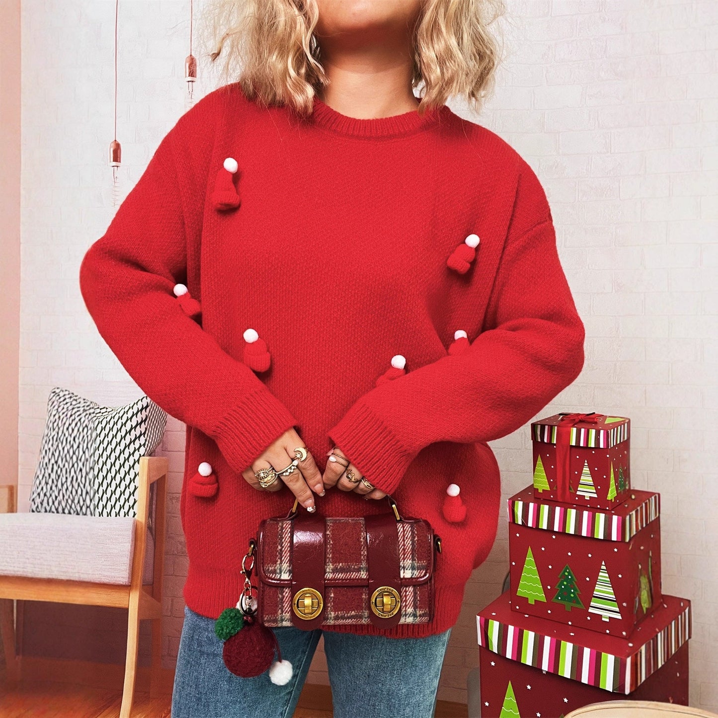 Damen Weihnachtspullover Kuschelfleece Festliche Applikationen