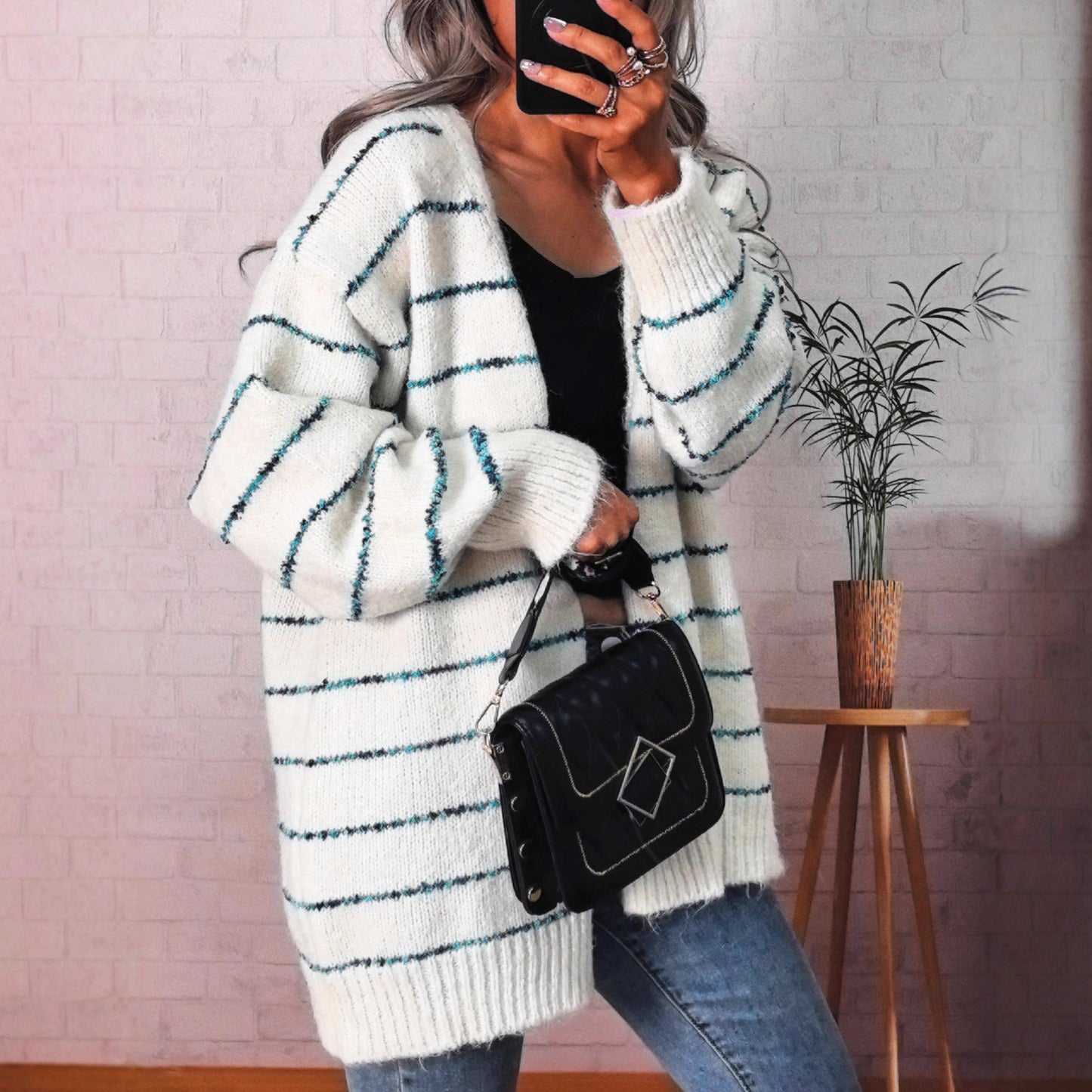 Damen Strickjacke Kuschelig Kontraststreifen Eveloria - Eveloria
