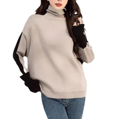 Damen Rollkragenpullover Lässig Kontrastärmel Eveloria