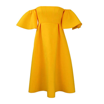 Damen A-Linie Kleid Schulterfrei Puffärmel Taillierung Eveloria