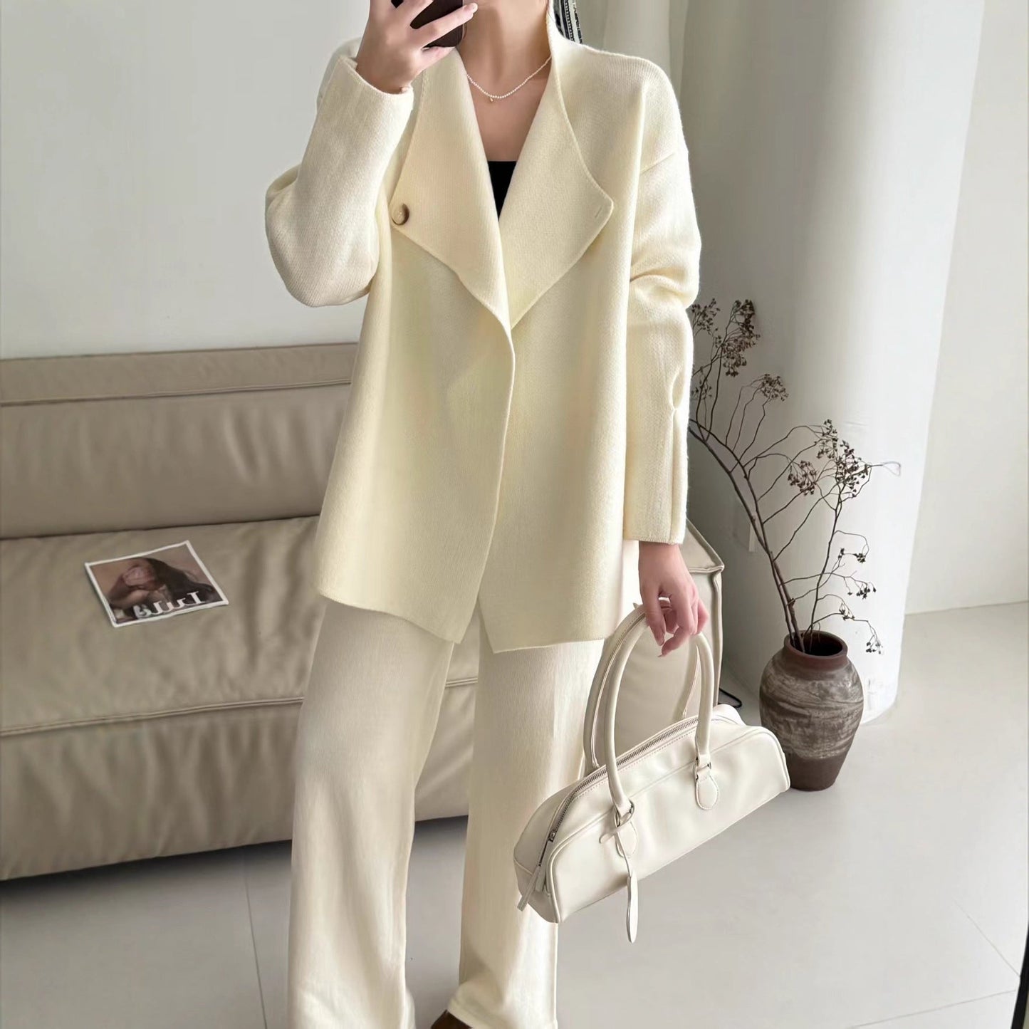 Damen Blazer Tailliert Gürtel Feine Textur Eveloria