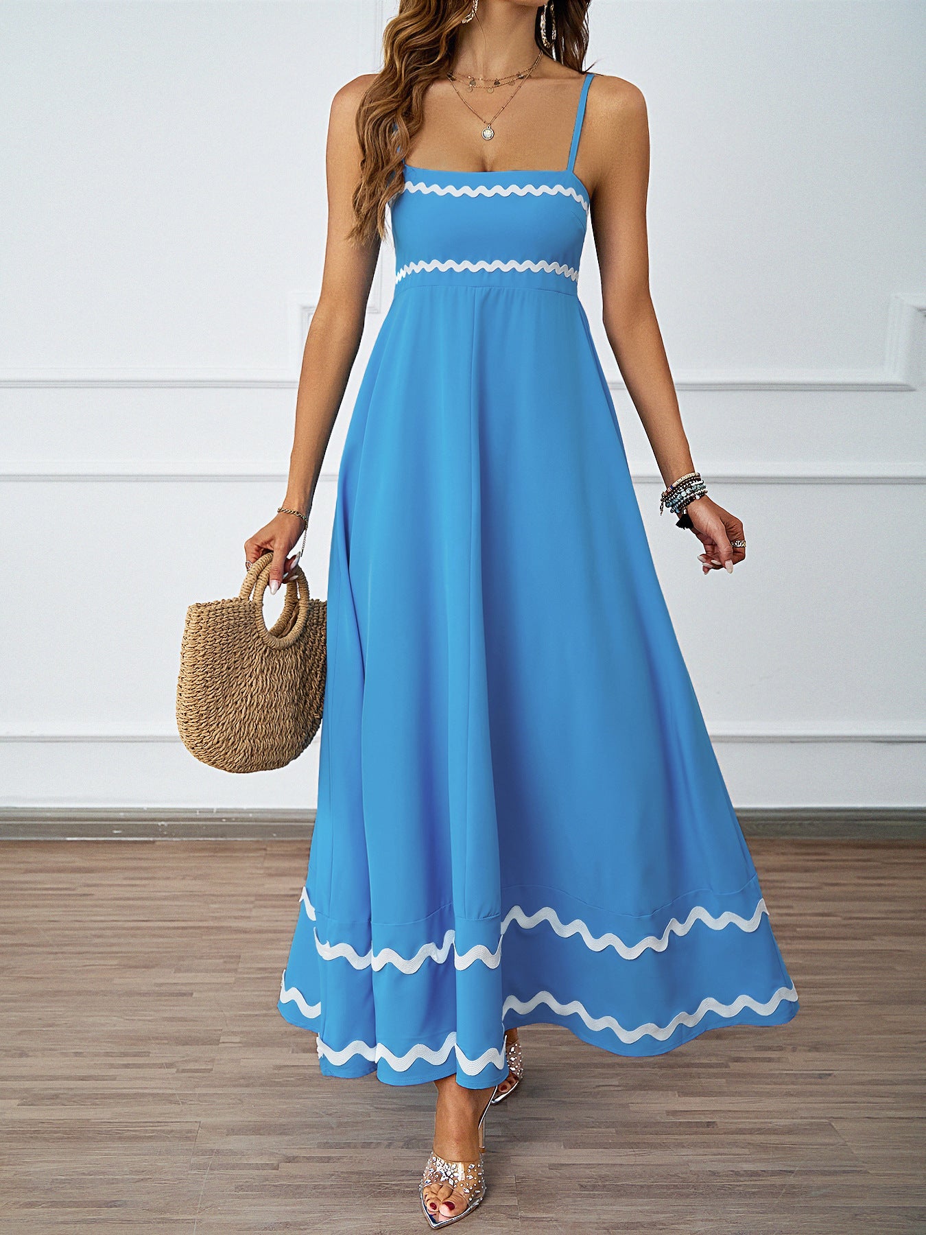 Damen Maxi-Kleid Rüschensaum Spaghettiträger Eveloria