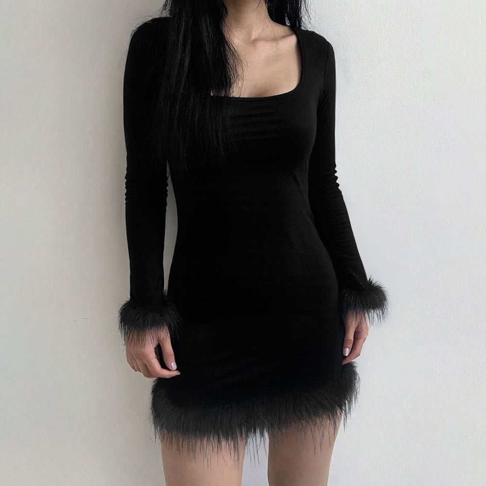 Damen Minikleid Elegante Lange Ärmel Federn Eveloria