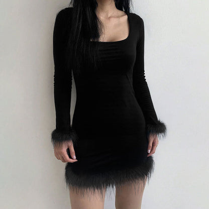Damen Minikleid Elegante Lange Ärmel Federn Eveloria