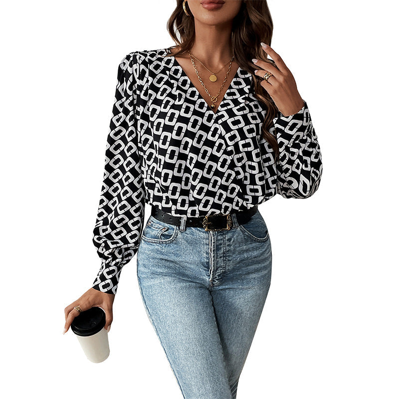 Damen Bluse Geometrisches Muster Puffärmel Elegant