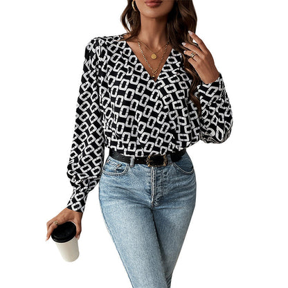 Damen Bluse Geometrisches Muster Puffärmel Elegant