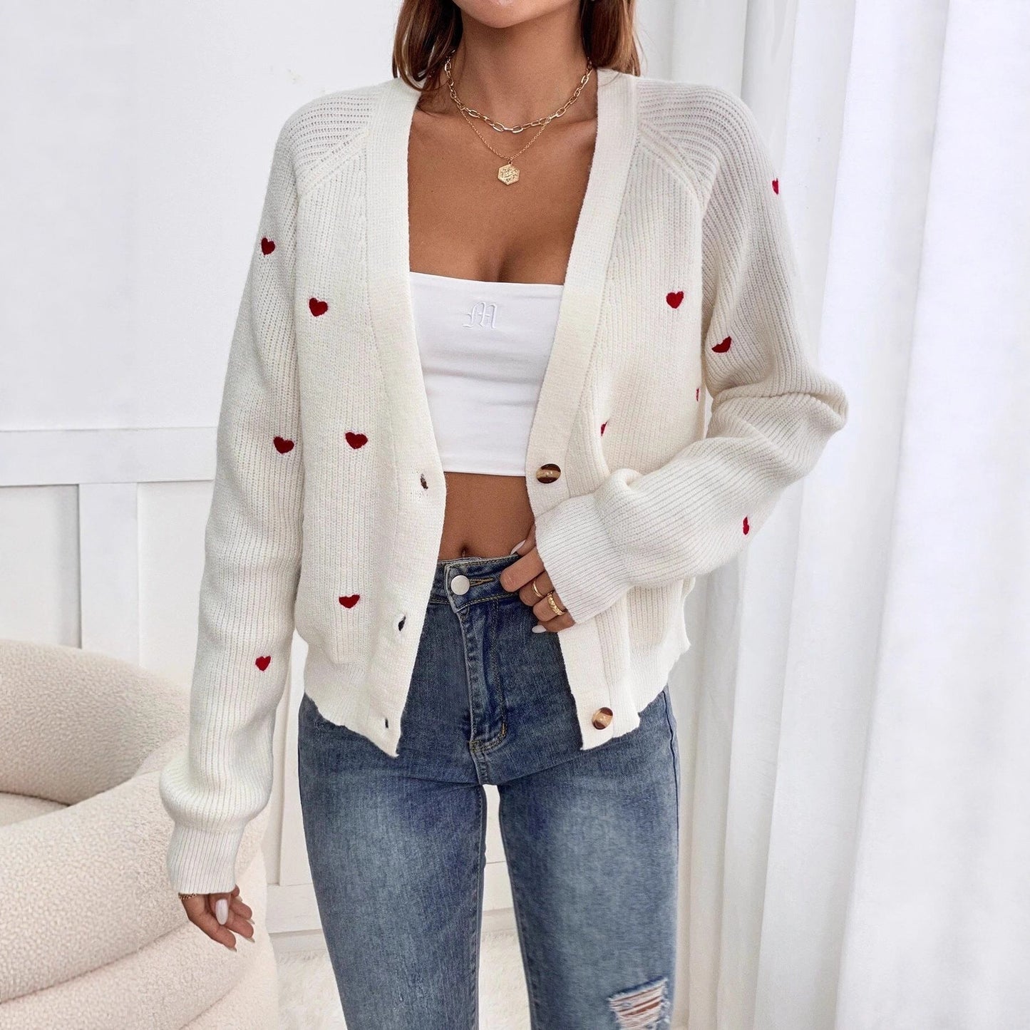 Damen Strickjacke Herzapplikationen Knopfverschluss Eveloria