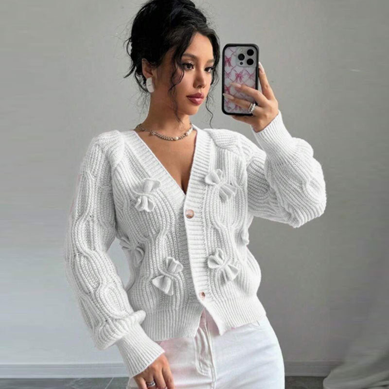 Damen Strickjacke Florales Reliefdesign Knöpfe Beige