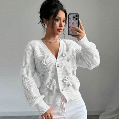 Damen Strickjacke Florales Reliefdesign Knöpfe Beige
