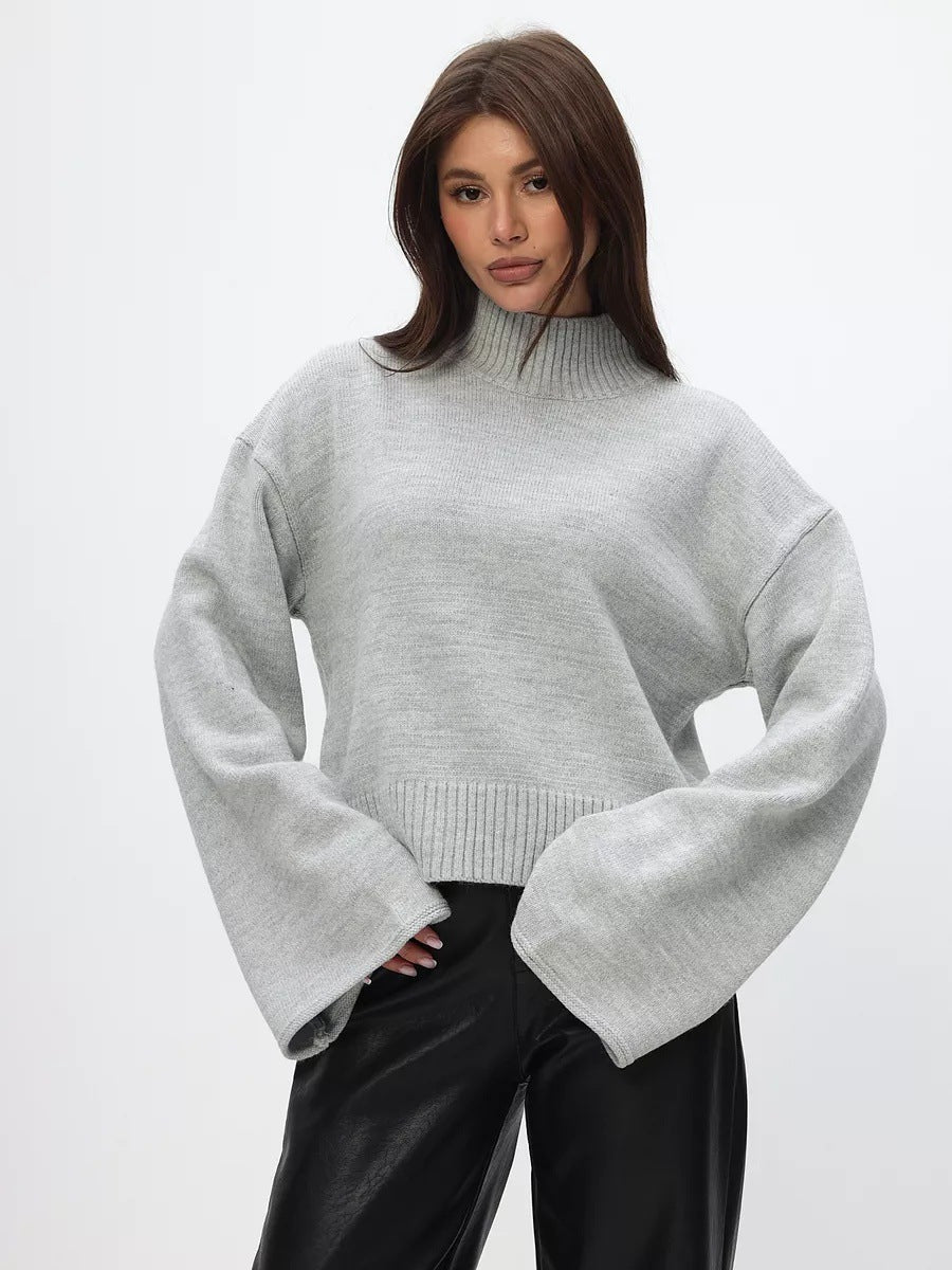Damen Pullover Grobstrick Stehkragen Voluminöse Ärmel Eveloria