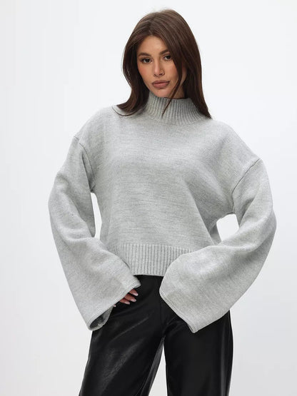 Damen Pullover Grobstrick Stehkragen Voluminöse Ärmel Eveloria