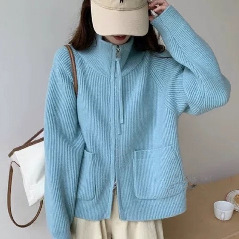 Damen Strickjacke Hochkragen Mit Taschen Eveloria