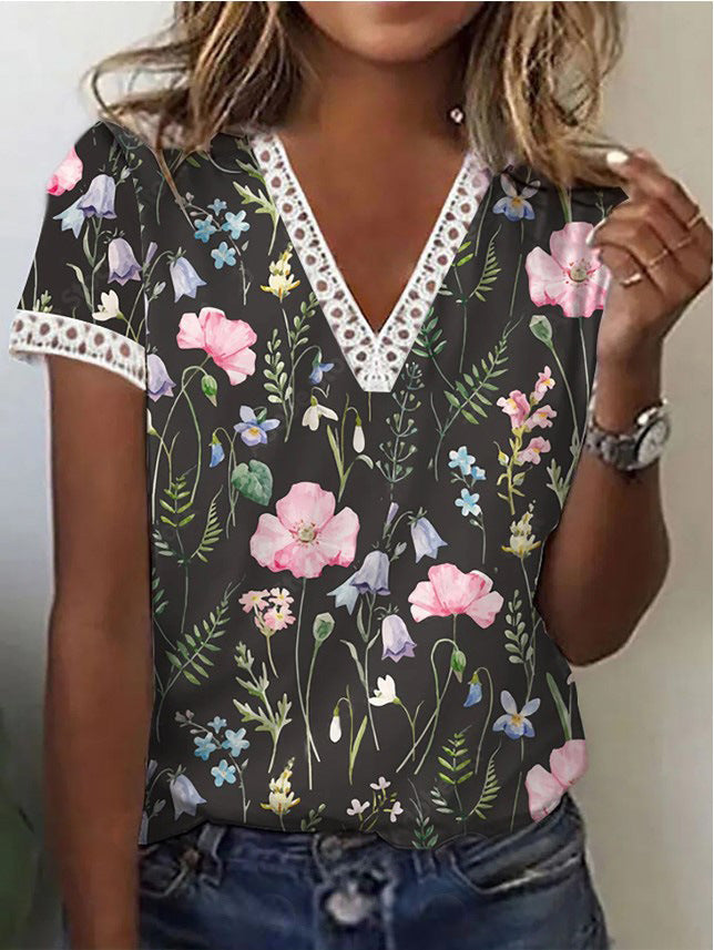 Damen T-Shirt Kurzärmelig V-Ausschnitt Print