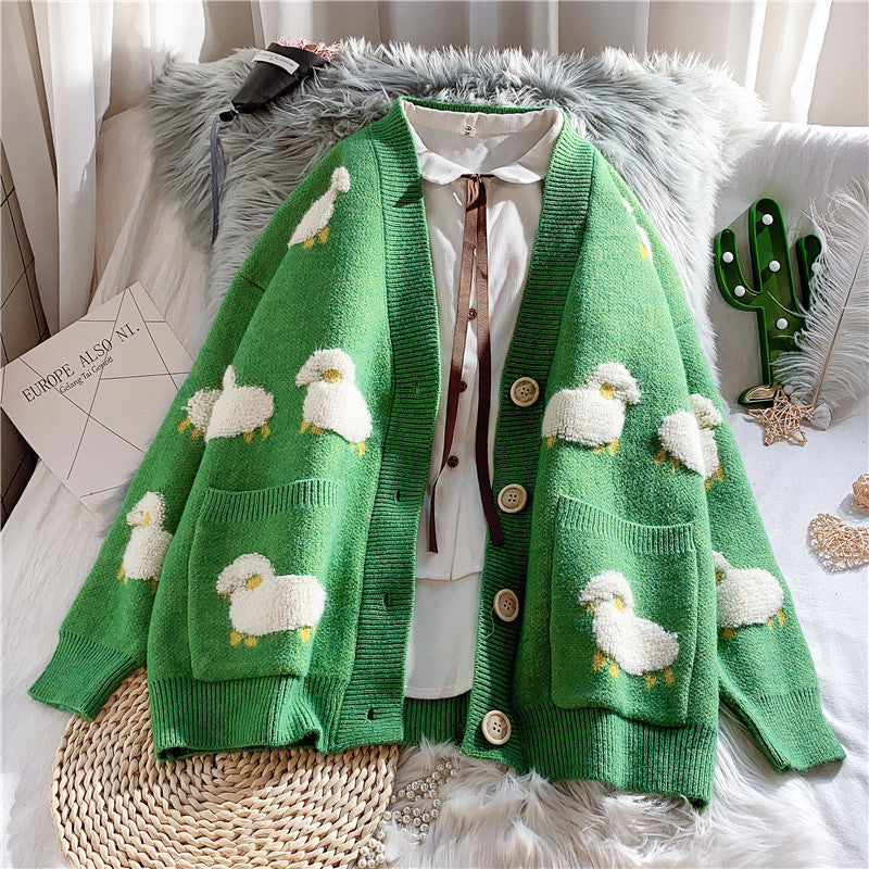 Damen Strickjacke mit Schafemotiv und Taschen