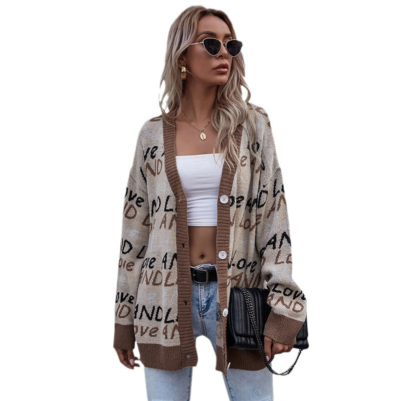 Damen Strickjacke Lässiger Schnitt Mit Schriftzug Beige