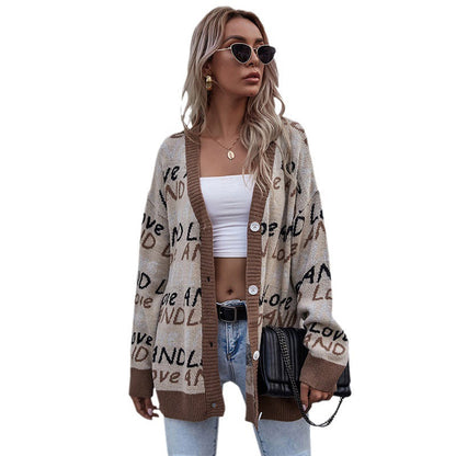 Damen Strickjacke Lässiger Schnitt Mit Schriftzug Beige