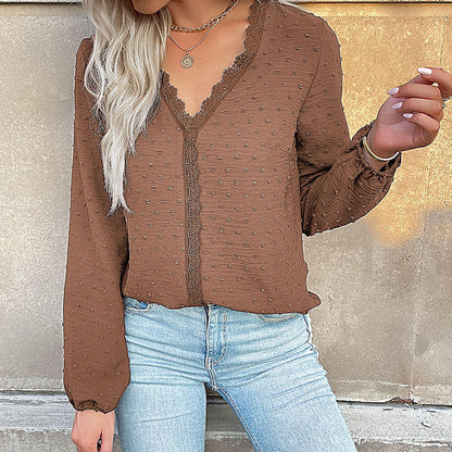 Damen Bluse Spitzenbesatz Puffärmel Elegant Weiße Bluse