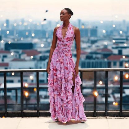 Damen Maxikleid Voluminöse Rüschen Florales Design