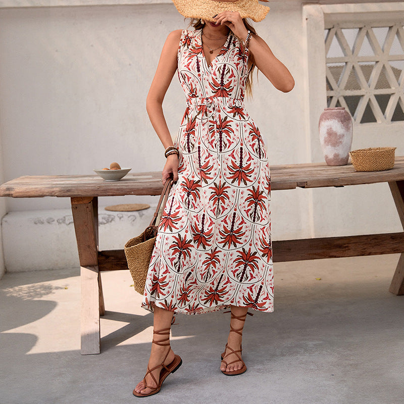 Damen Maxikleid Tropisches Musterdruck Taillierbarer Gürtel