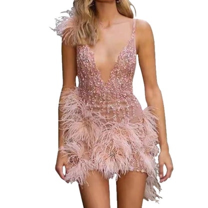 Damen Party-Kleid mit Paillettenbesatz und Federn Eveloria