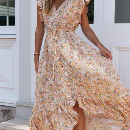 Damen Maxikleid Blumendruck Rüschendetails Eveloria