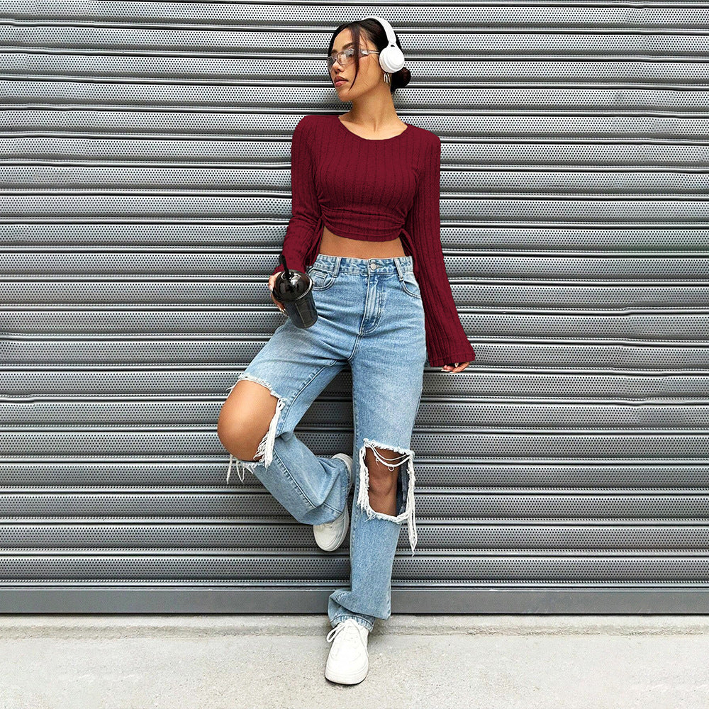 Damen Cropped Langarmtop Rippstrick Bindedetail
