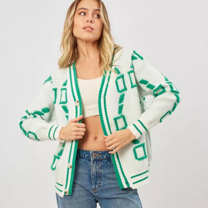 Damen Strickjacke Bunt Geometrisches Muster Knöpfe Eveloria