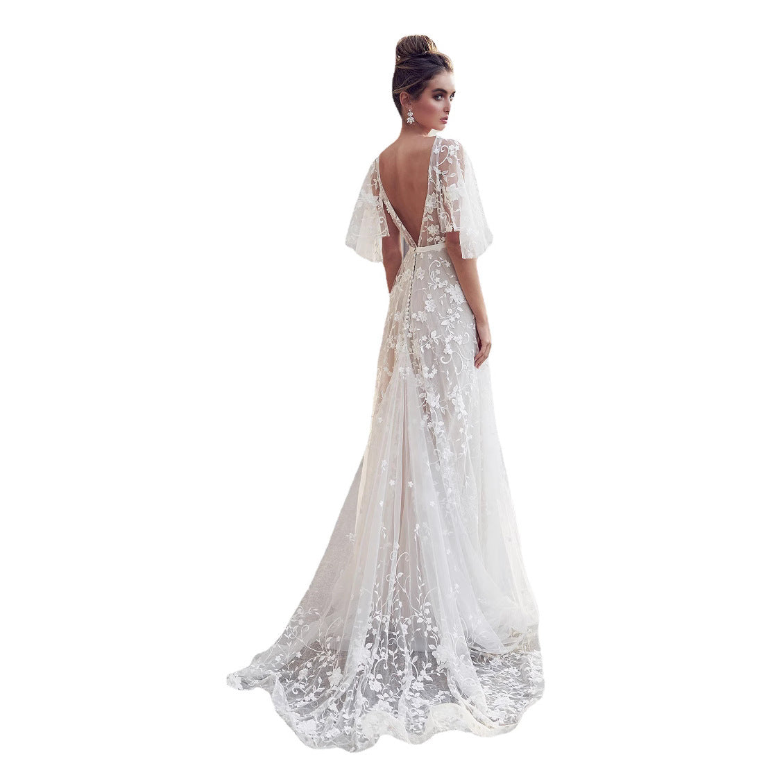 Damen Abendkleid Florale Stickerei Spitzenärmel Eveloria