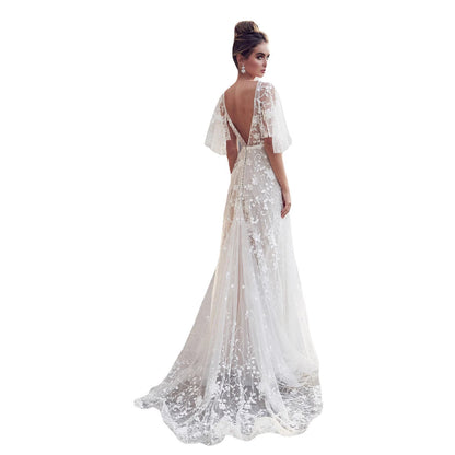 Damen Abendkleid Florale Stickerei Spitzenärmel Eveloria