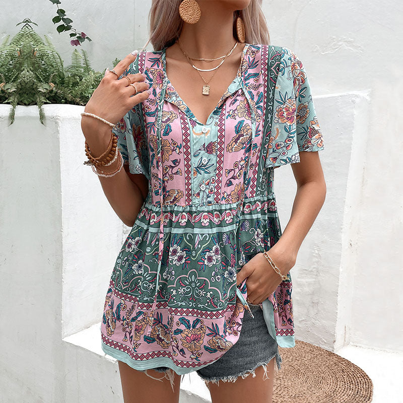 Damen Tunika Boho Floralmuster Luftige Ärmel Eveloria