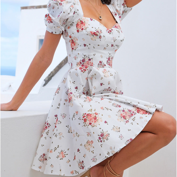 Damen Kleid Puffärmel Floralmuster Eveloria