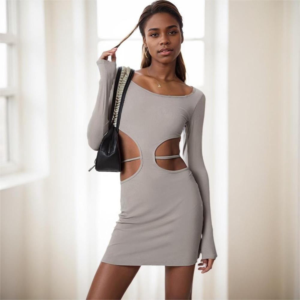 Damen Minikleid Cut-Out Länge Knie Langärmlig Figurbetonend Schwarz - Eveloria