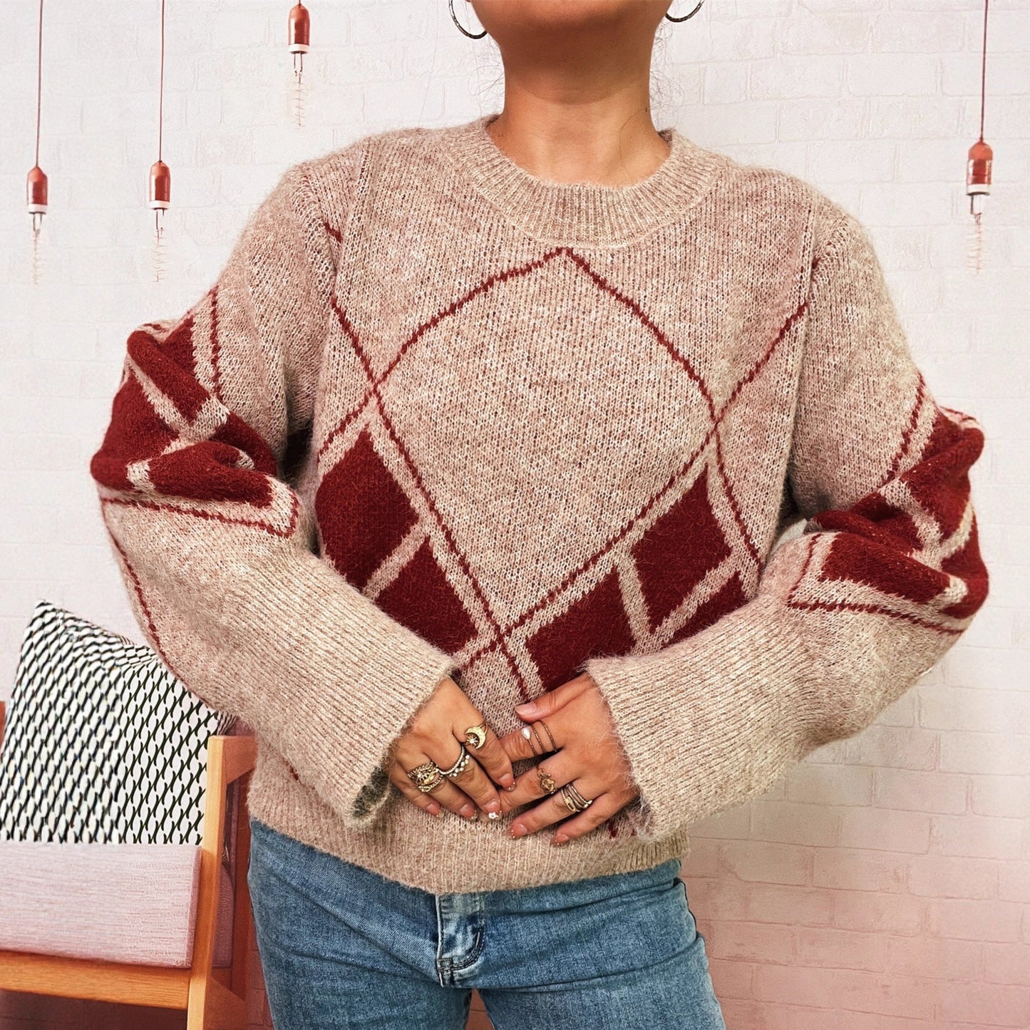 Damen Strickpullover Karomuster Eveloria