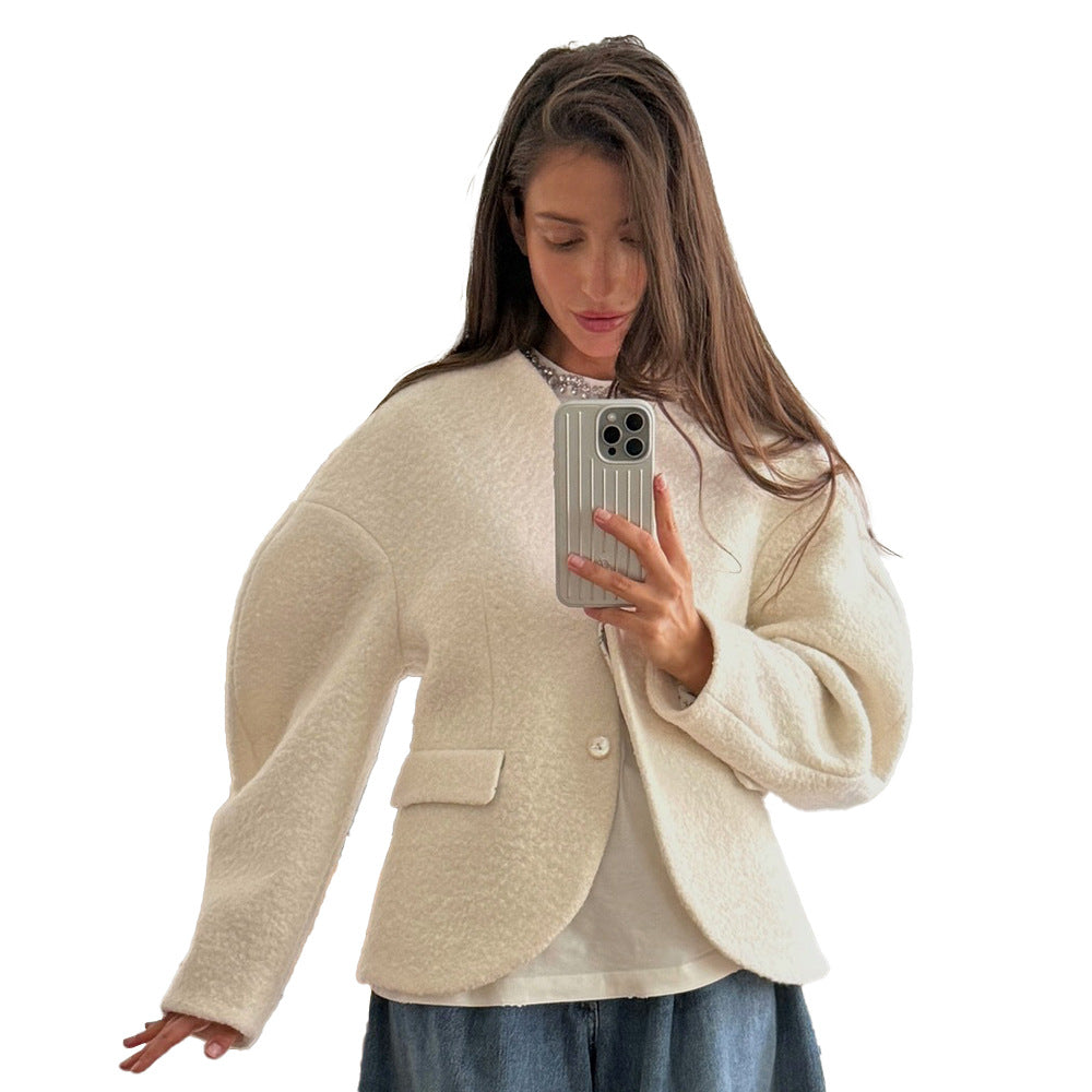 Damen Boucle-Jacke Überschnittene Schultern Knopfverschluss