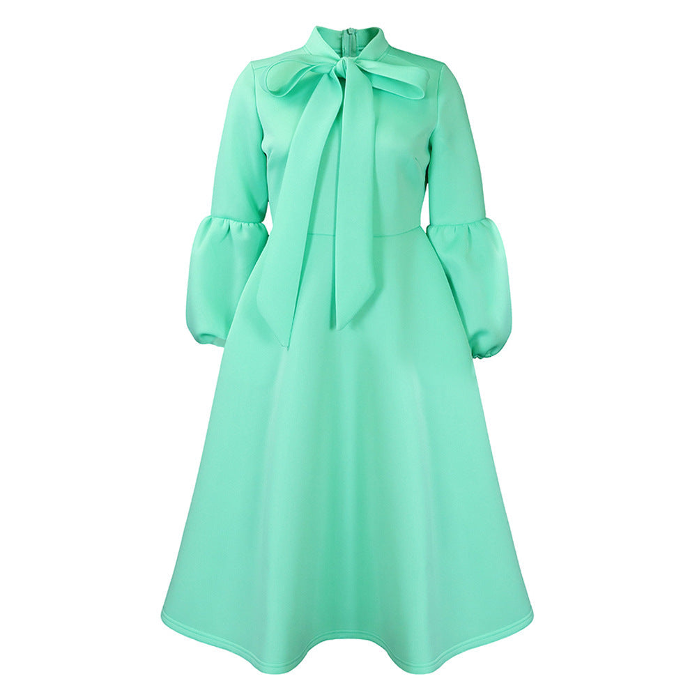 Damen Midi-Kleid Länge Knie, lange Puffärmel, elegante Schleife